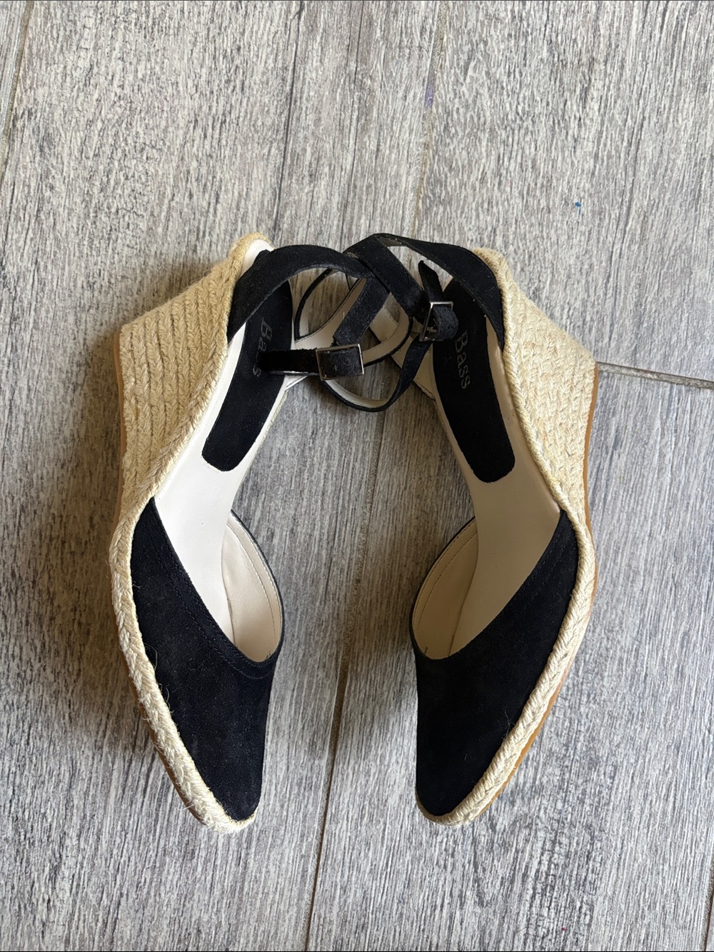 Bass Black Suede Espadrille Ankle-Strap Wedges